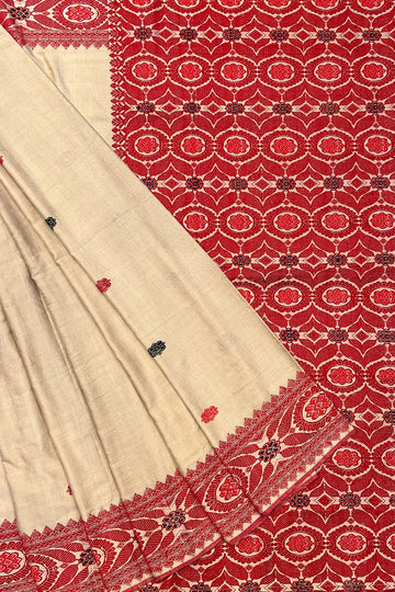 Beige Assam Eri Silk Saree with Red Weaves
